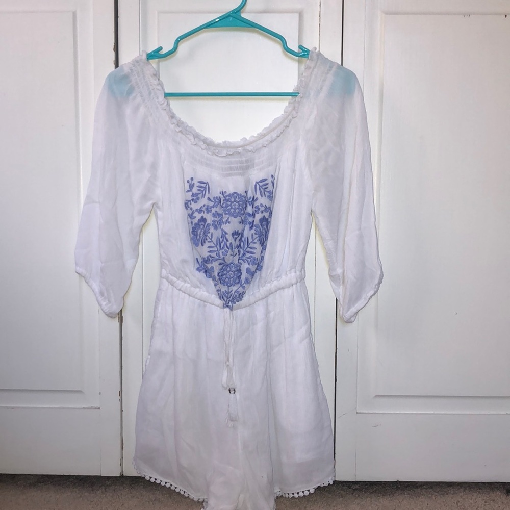 White Romper With Periwinkle Imbroidery